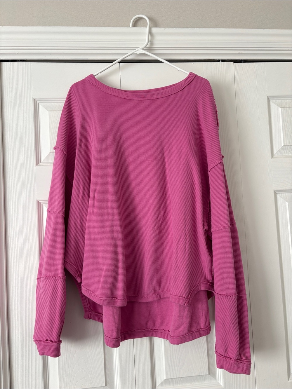 Free People Magenta Ribbed Drop-Shoulder Sweatshirt